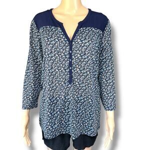 H&M Womens Blouse Top Shirt Blue Floral Print Long Sleeve Henley V Neck Large